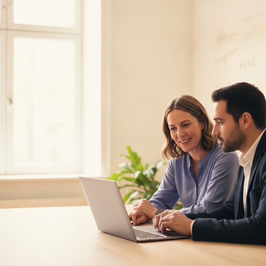 Une formatrice Netir Academy accompagne un collaborateur sur un cas d'usage d'IA en entreprise, devant un ordinateur portable